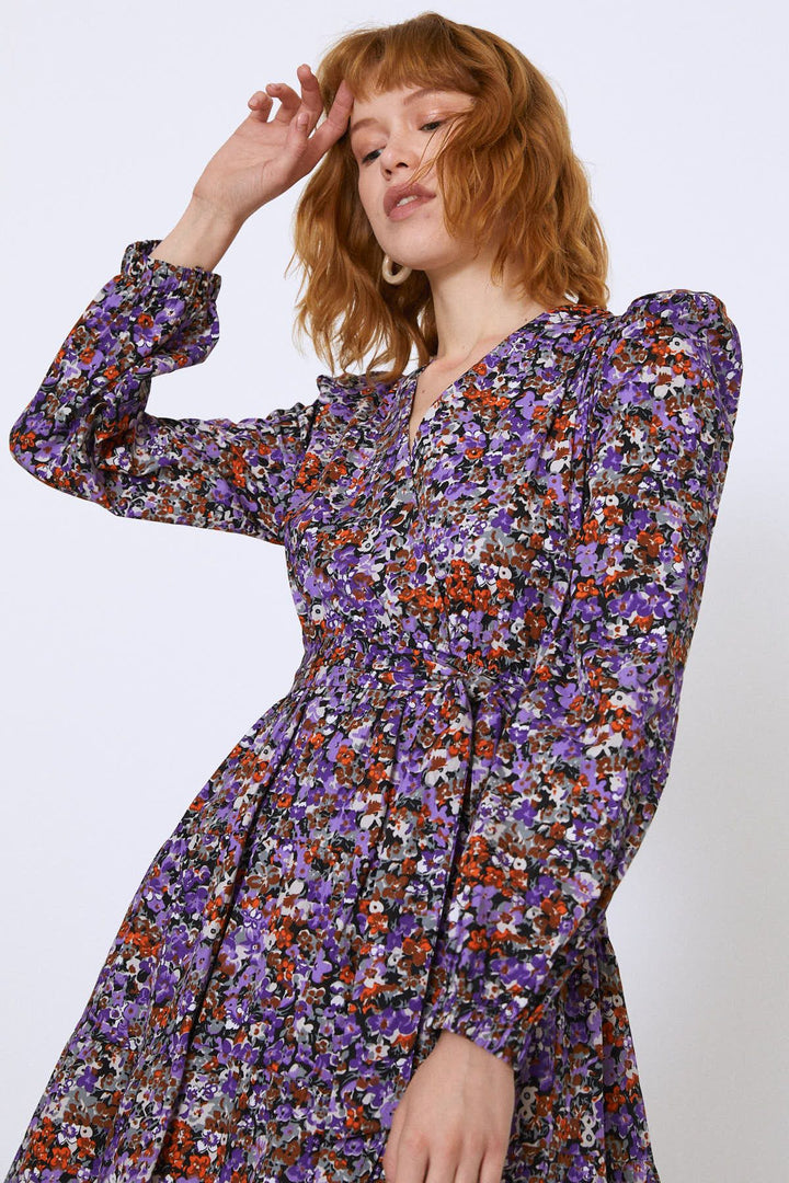 Waist Belted V-Neck Floral Dress Purple
