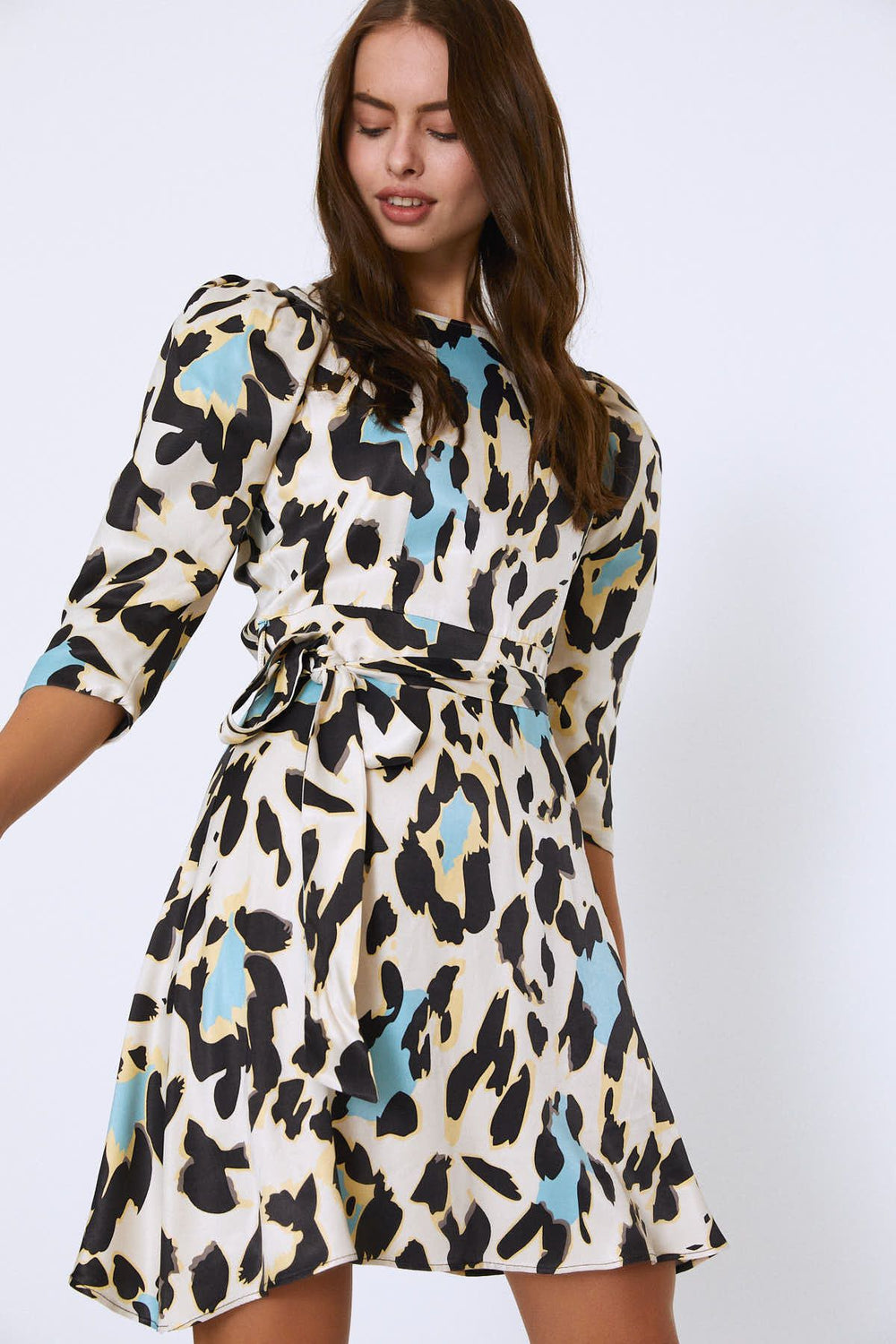 Belted Waist Balloon Sleeve Dress Beige