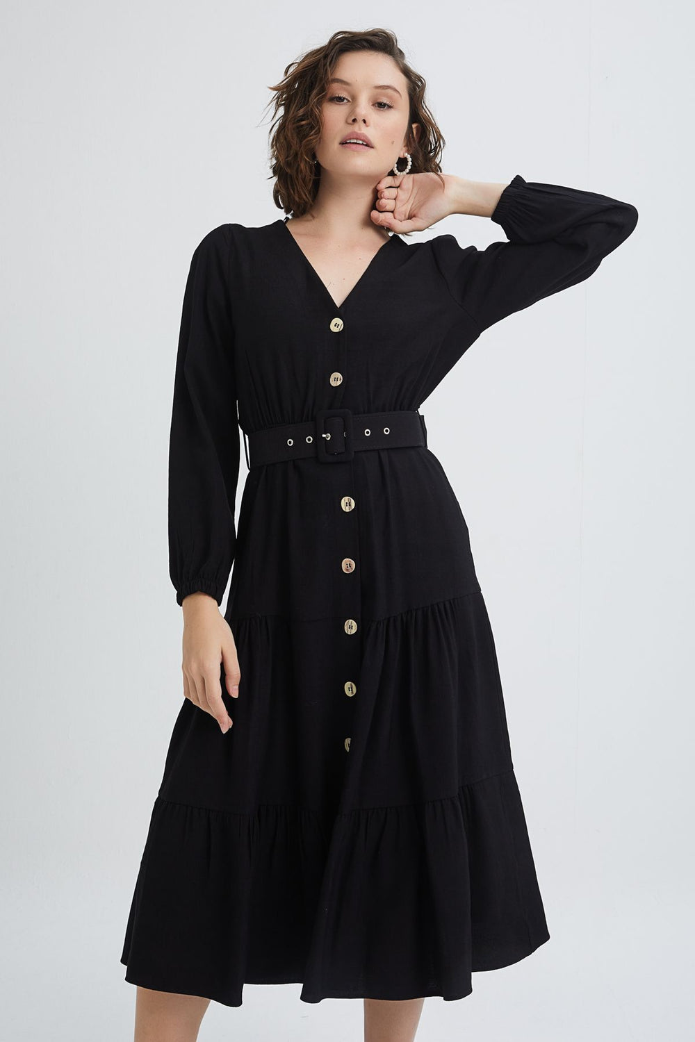 Belted V-Neck Dress Black