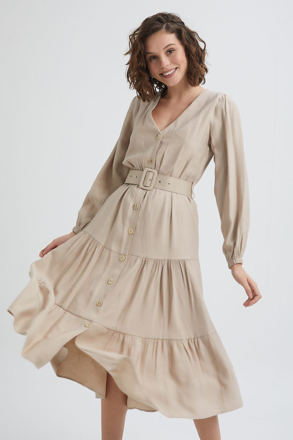 Belted V-Neck Dress Beige
