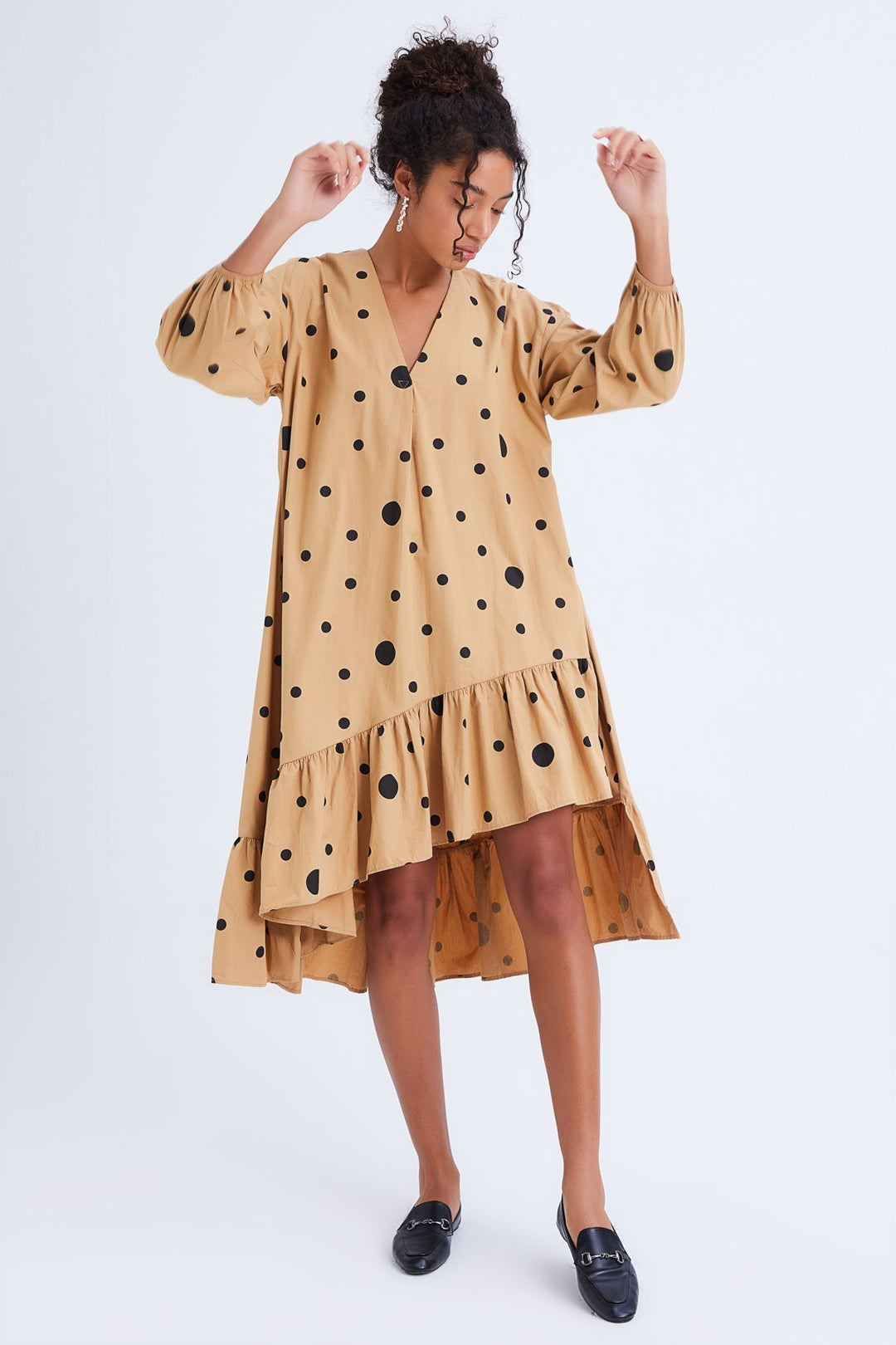 Asymmetrical Long Polka Dot Dress Camel