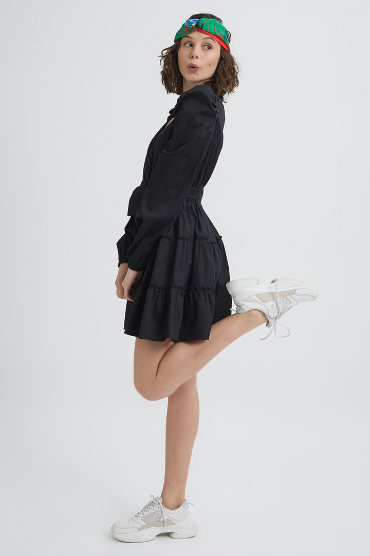 Double Breasted Balloon Sleeve Dress Black
