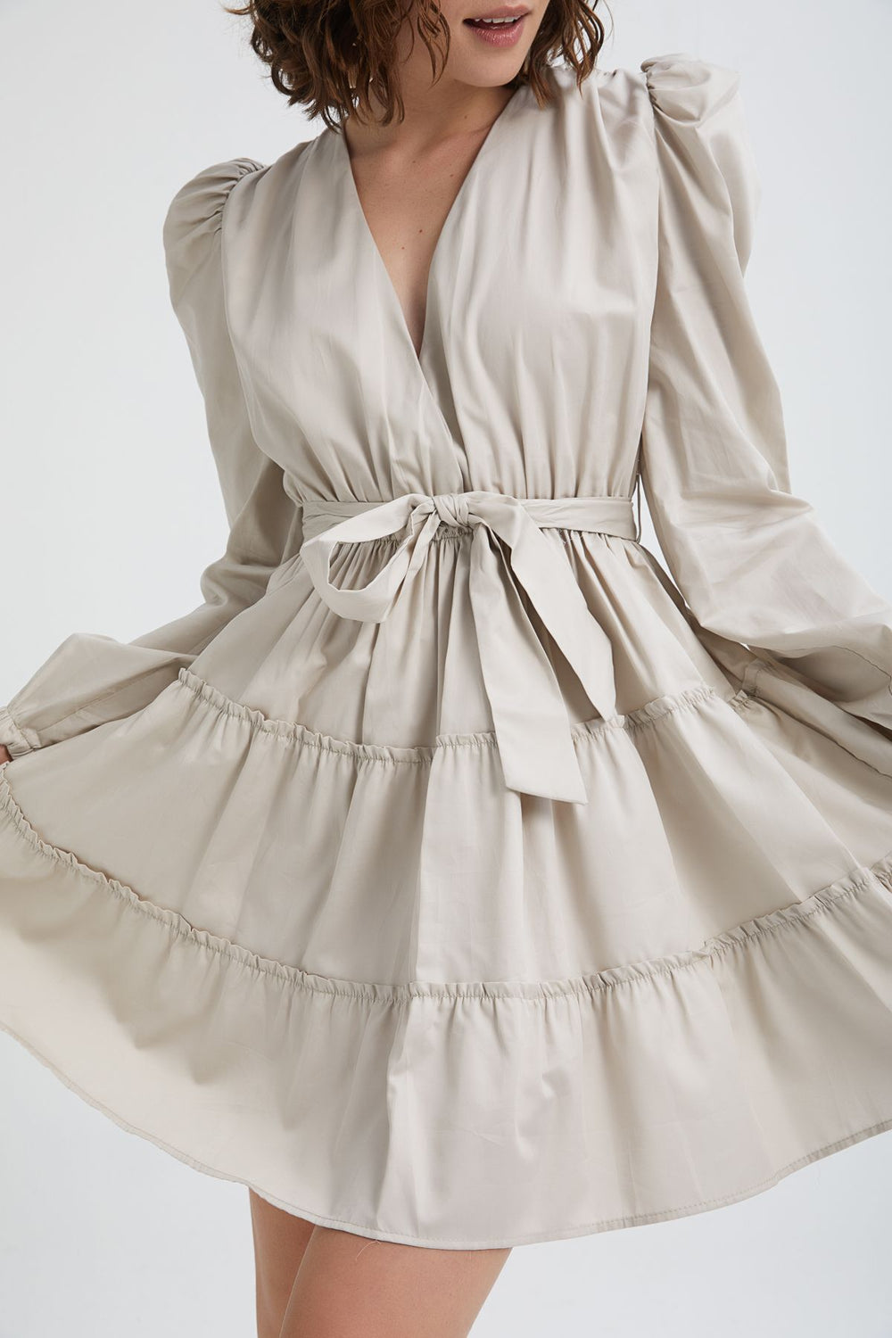 Double Breasted Balloon Sleeve Dress Stone