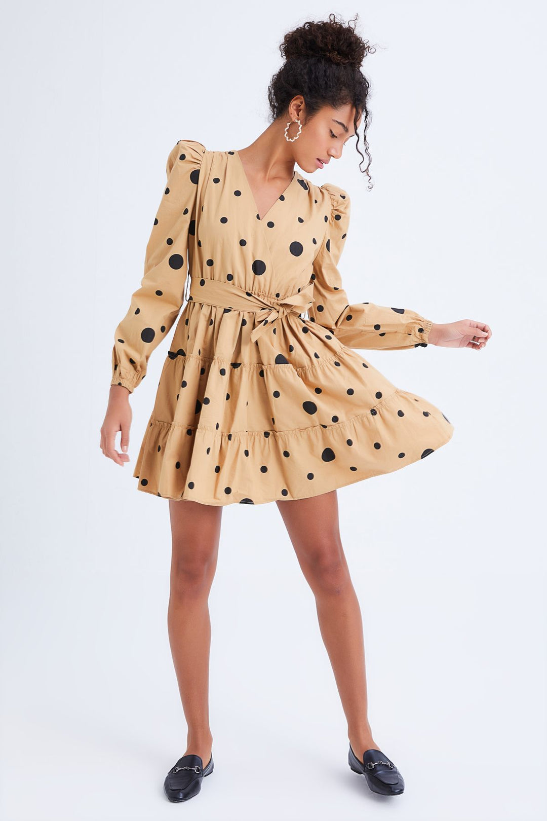 Belted Polka Dot Dress Camel