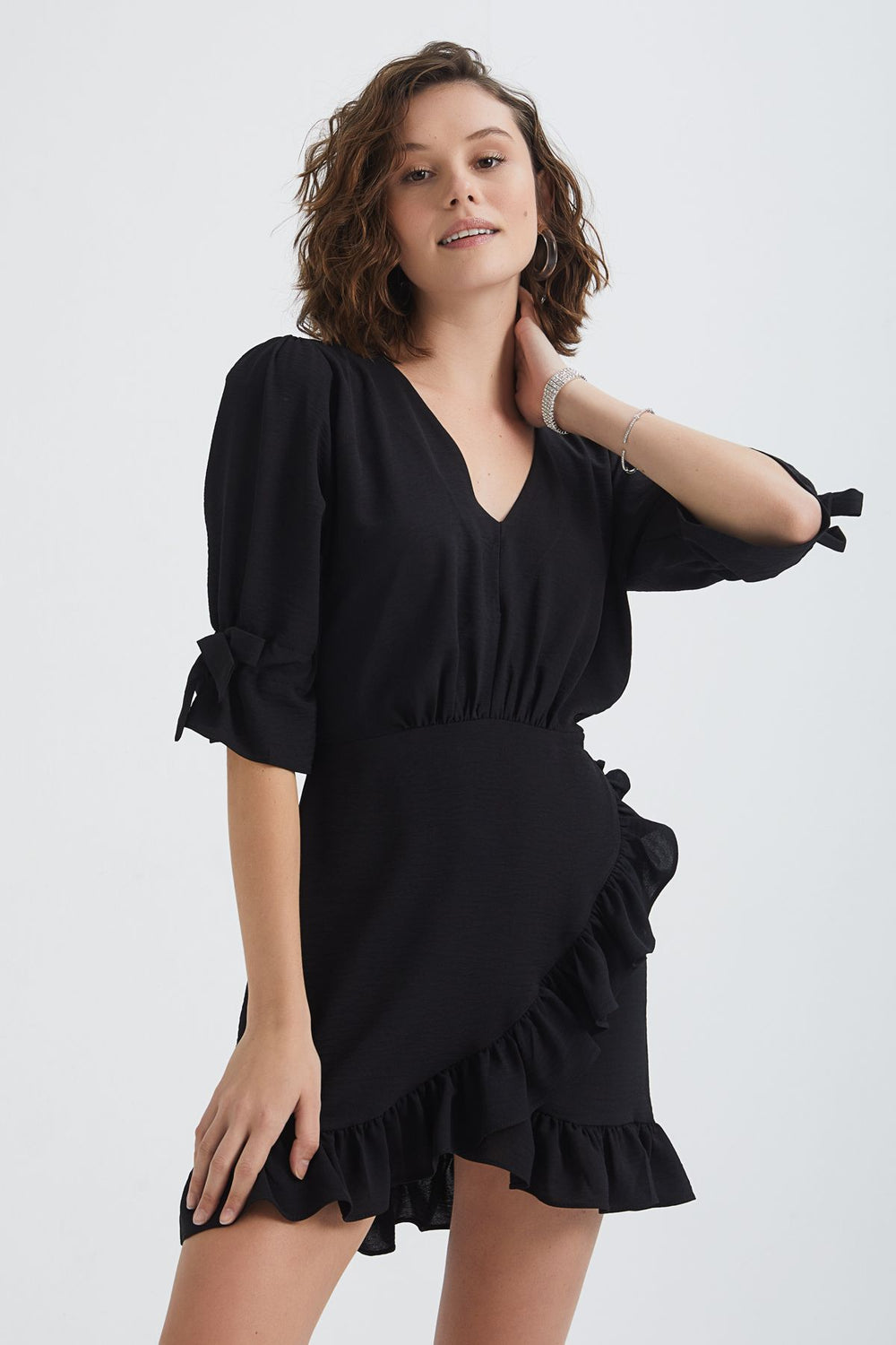 V Neck Frilly Mini Dress Black