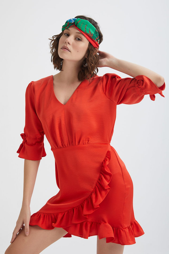 V Neck Frilly Mini Dress Orange