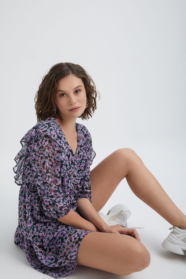 Floral Patterned V-Neck Dress Lilac