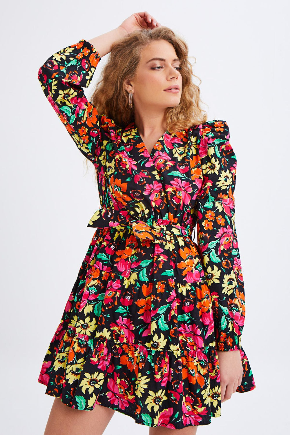 Floral Patterned Balloon Sleeve Dress Fuchsia