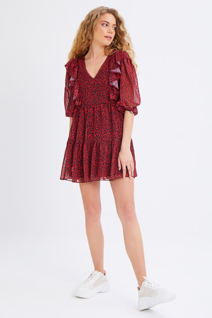 Patterned Ruffle V-Neck Dress Red
