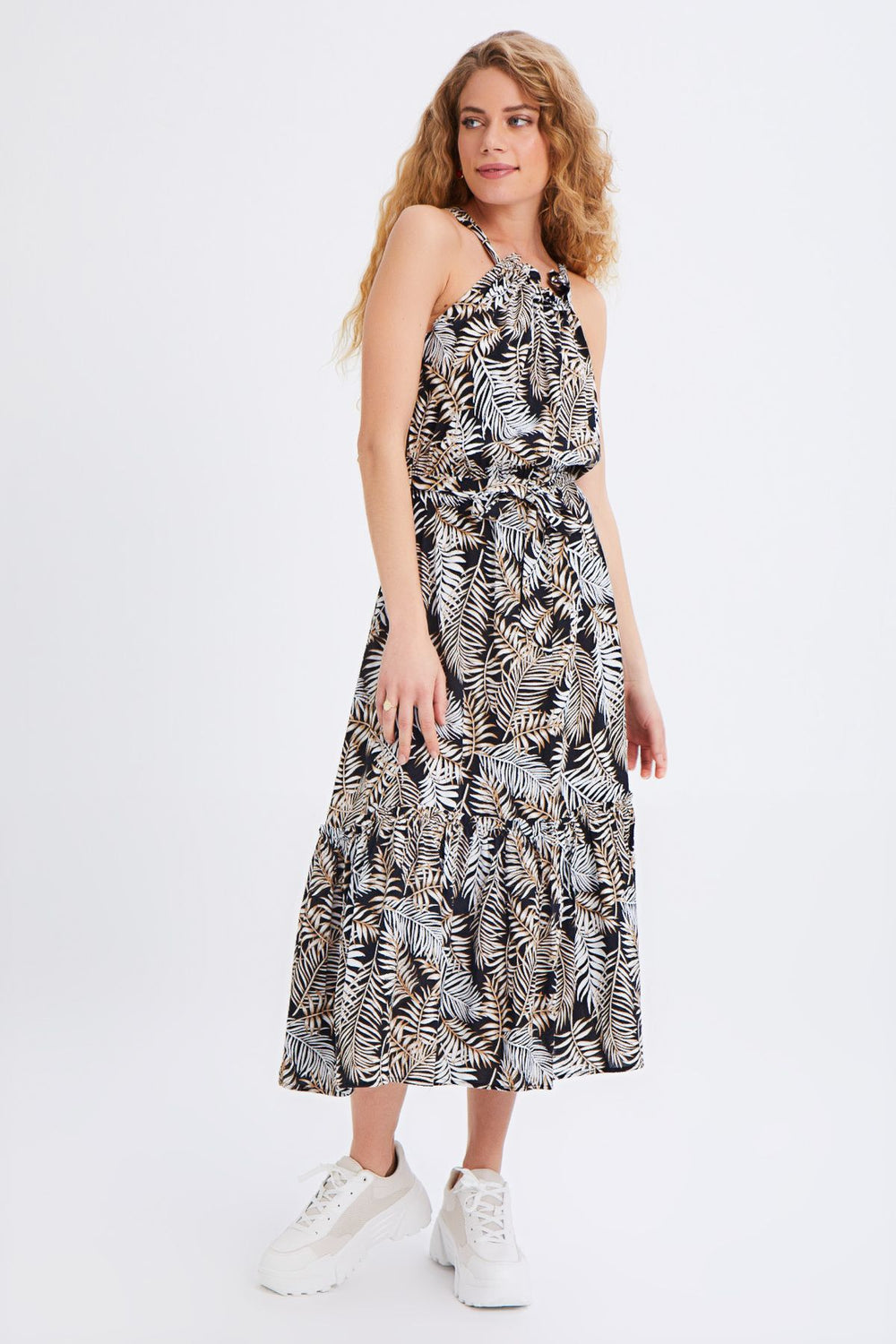 Patterned Halter Neck Dress Black