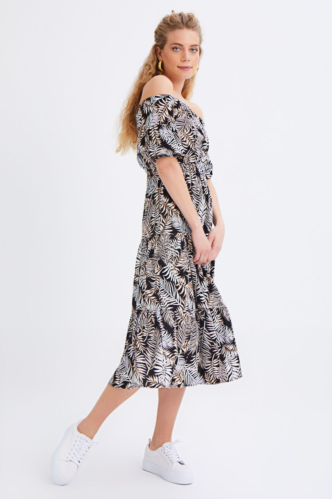 Patterned Off Shoulder Dress Black