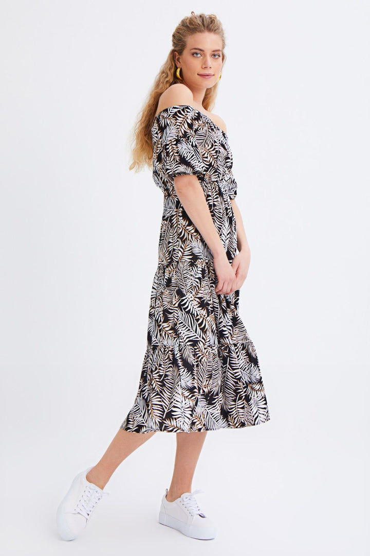 Patterned Off Shoulder Dress Black