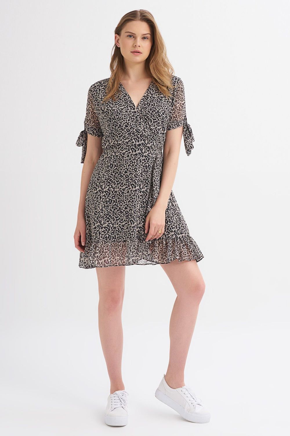 Patterned Double Breasted Sleeve Detailed Dress Beige