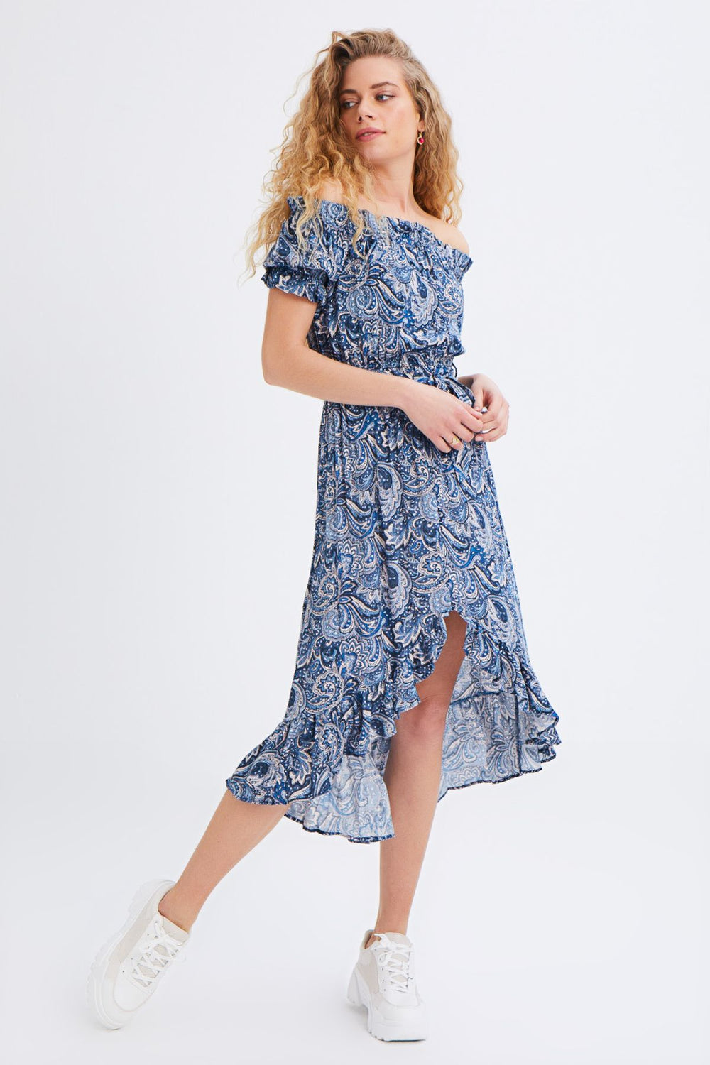 Patterned Asymmetrical Off Shoulder Dress Indigo