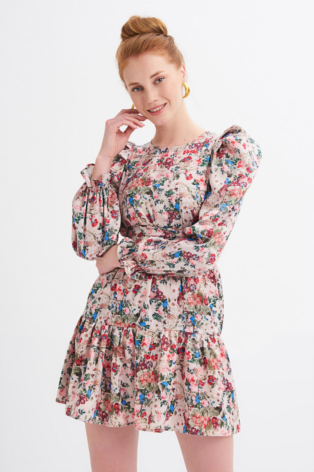 Floral Pattern Waisted Watermelon Sleeve Dress Beige