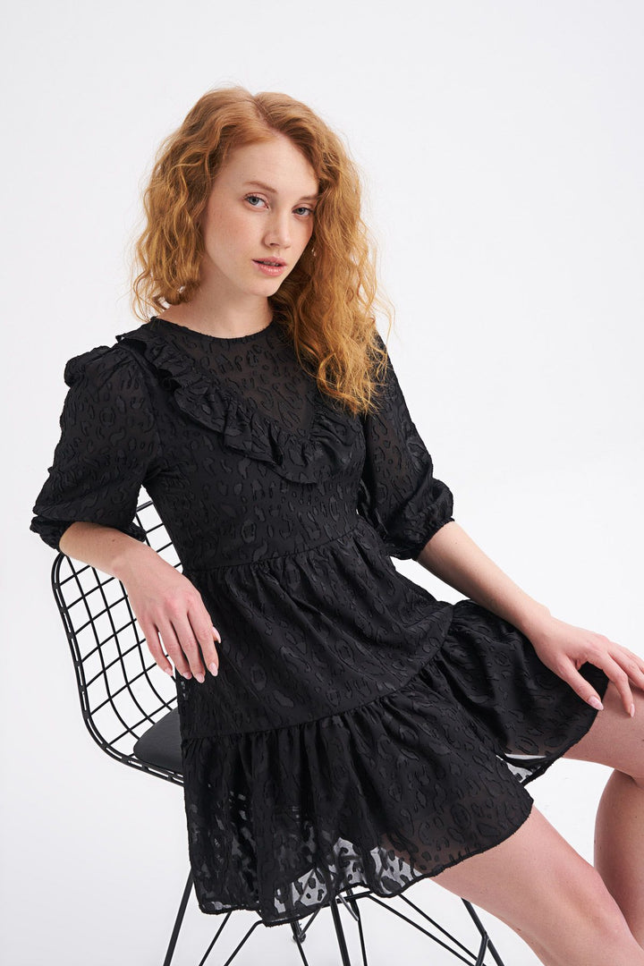 Ruffle Detailed Midi Dress Black