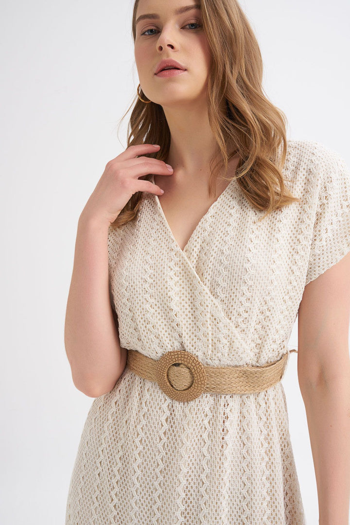 Straw Belt Double Breasted Sleeveless Dress Ecru