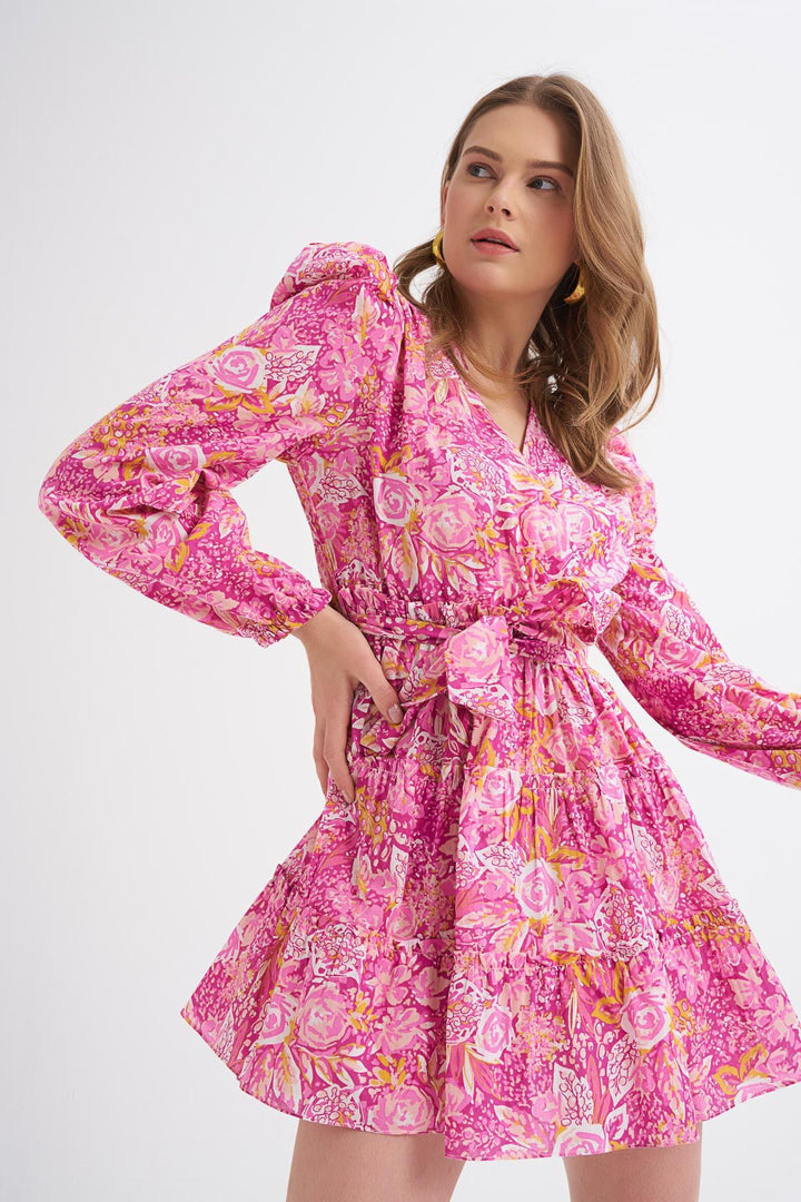 Patterned Tie Waist Double Breasted Dress Pink