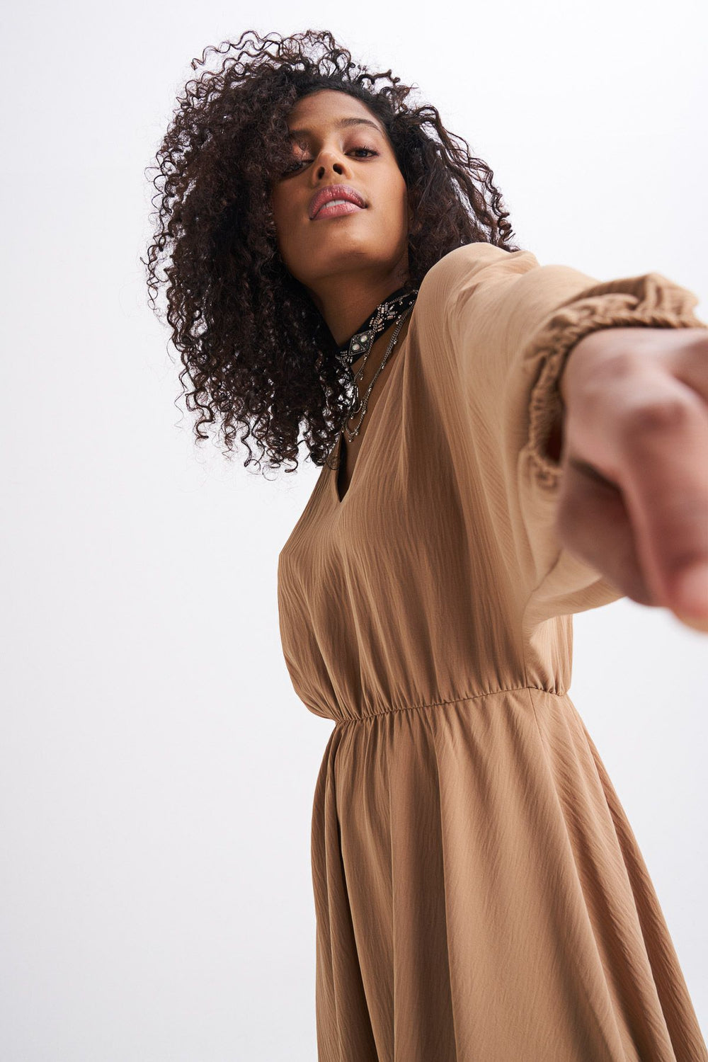 V Neck Midi Dress Camel