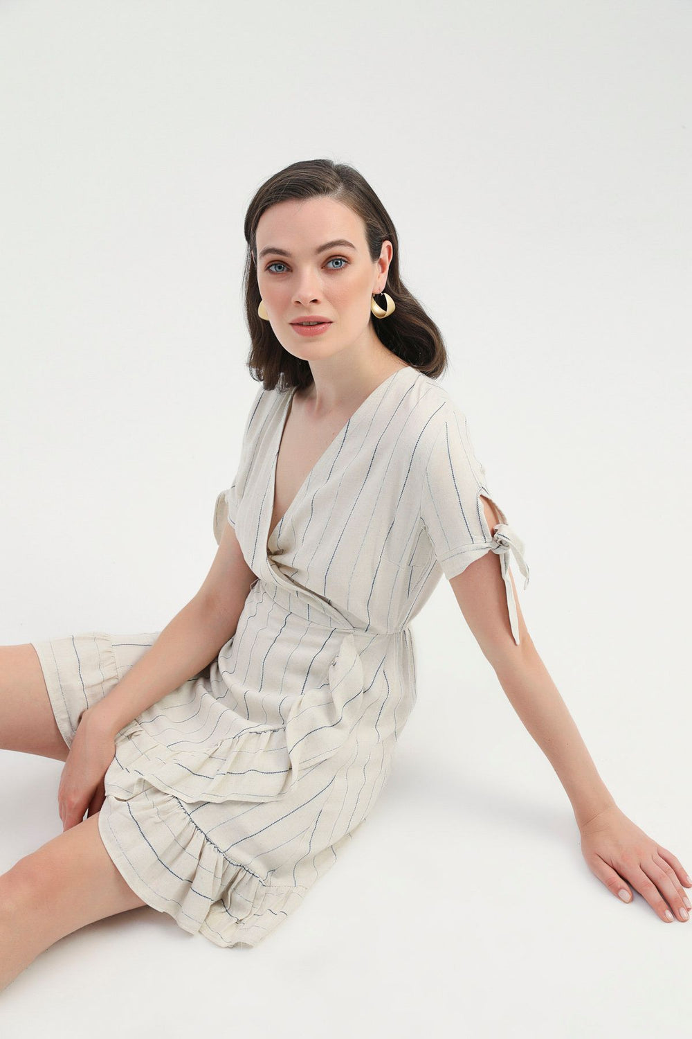 Frilly Double Breasted Linen Dress Indigo