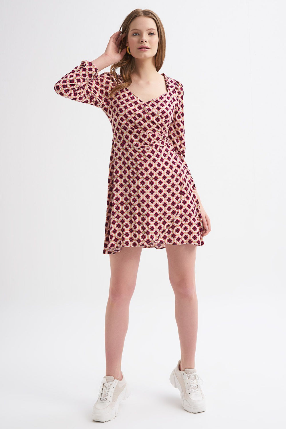 Patterned Wrap Dress Claret Red