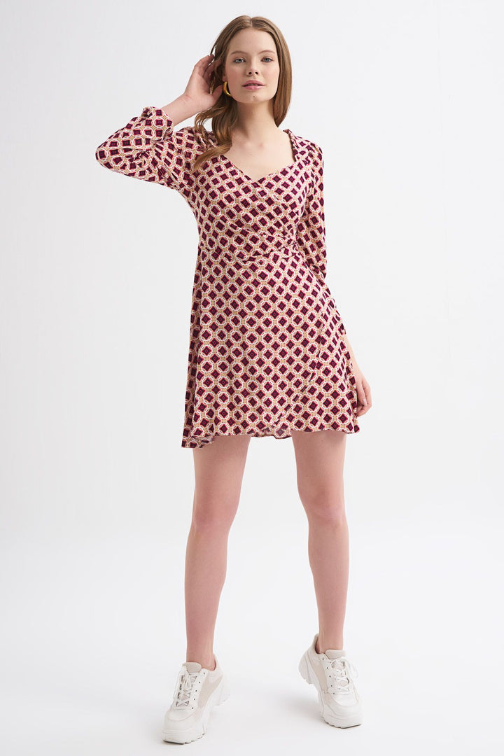Patterned Wrap Dress Claret Red