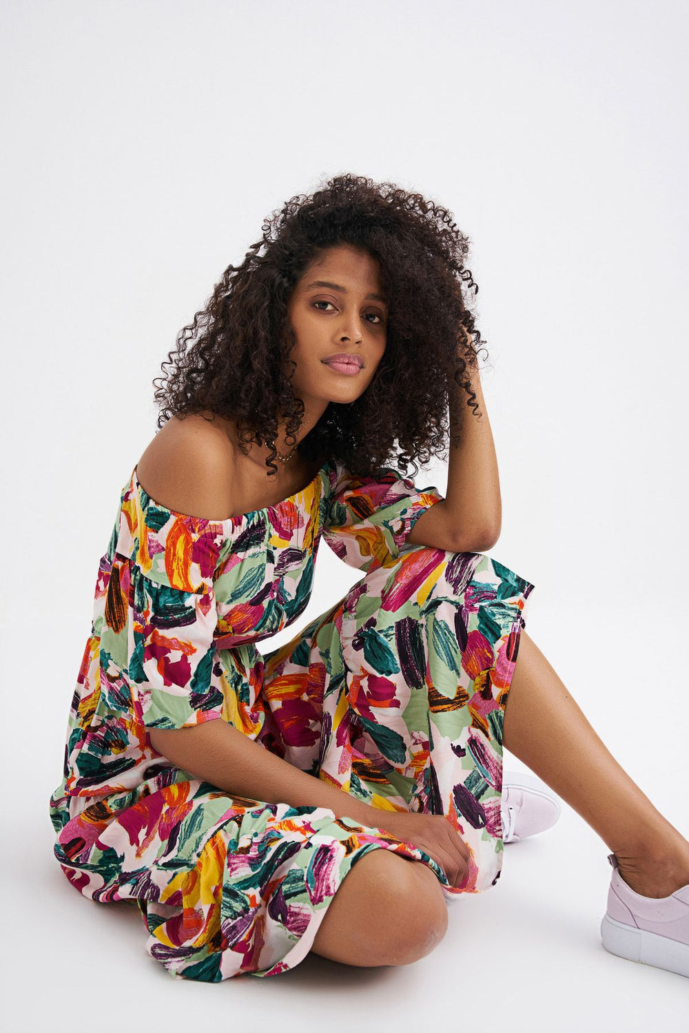 Patterned Off-Shoulder Dress Fuchsia