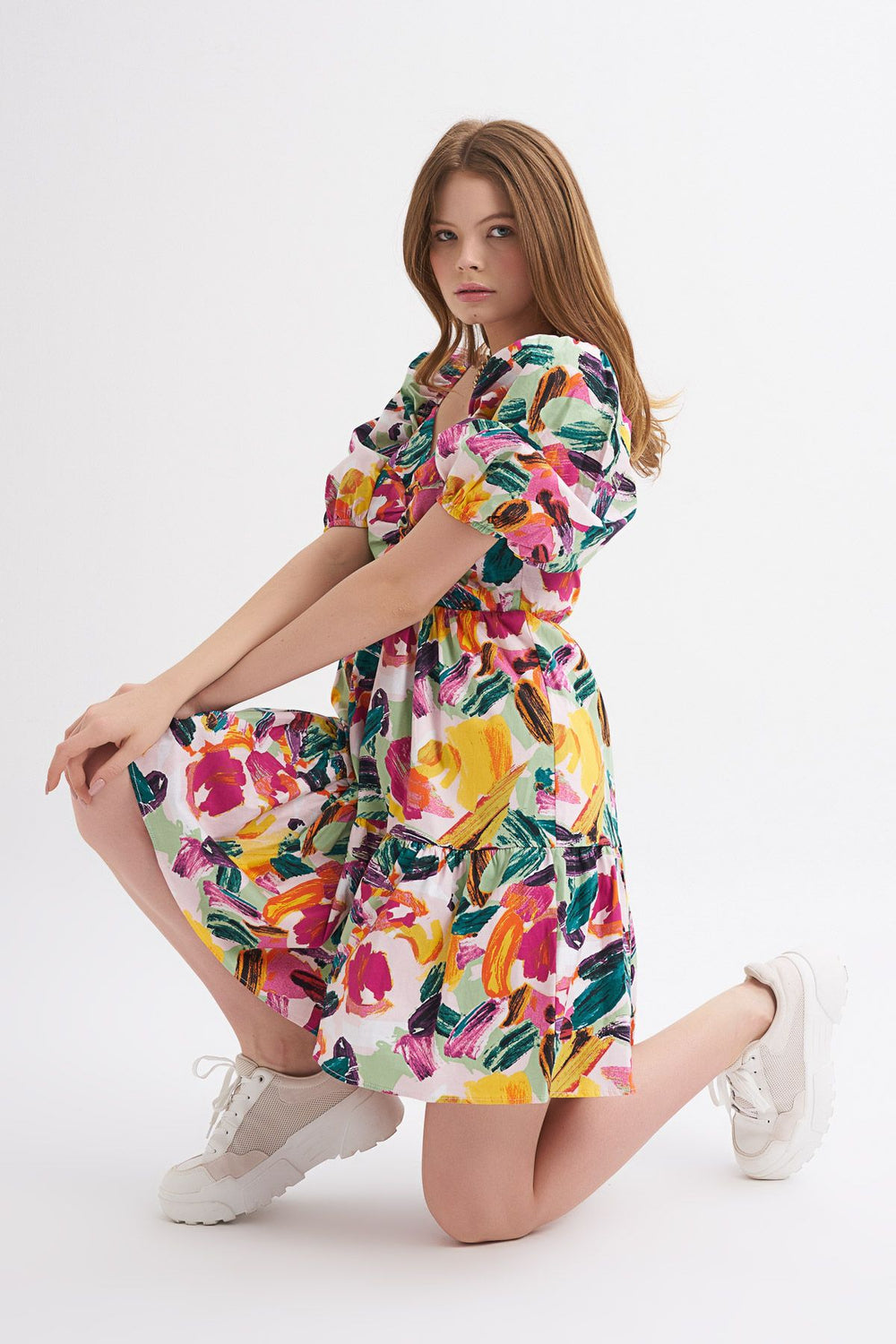 Patterned V Neck Balloon Sleeve Dress Fuchsia