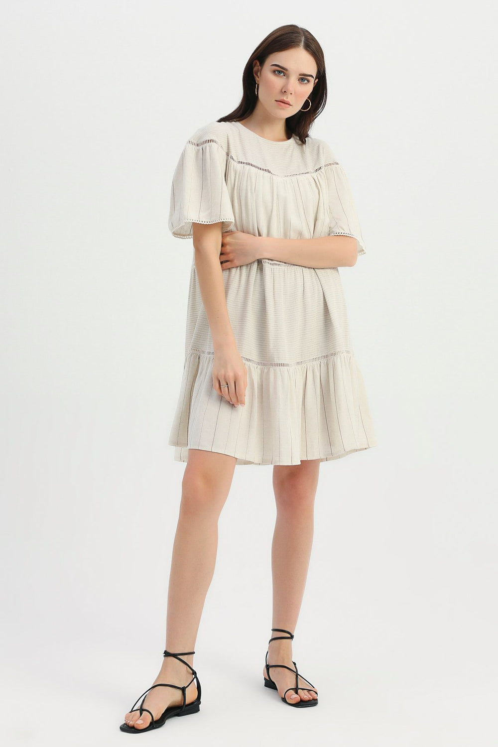 Stripe Detailed Striped Linen Dress Brown