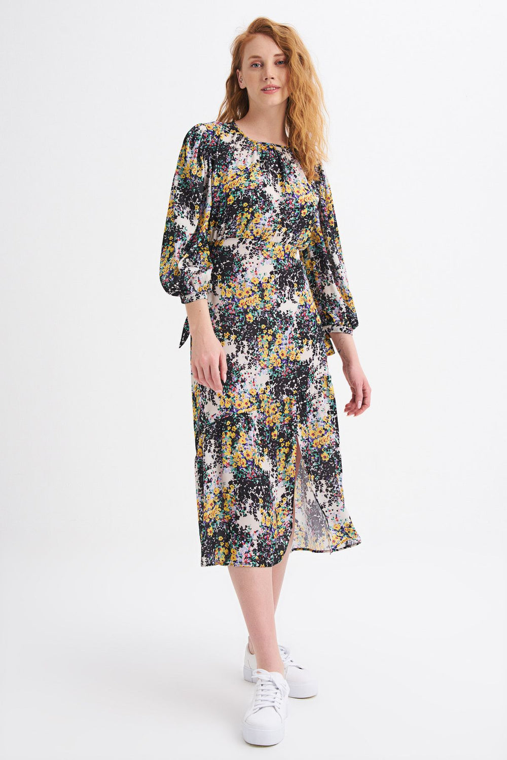 Patterned Slit Dress Black