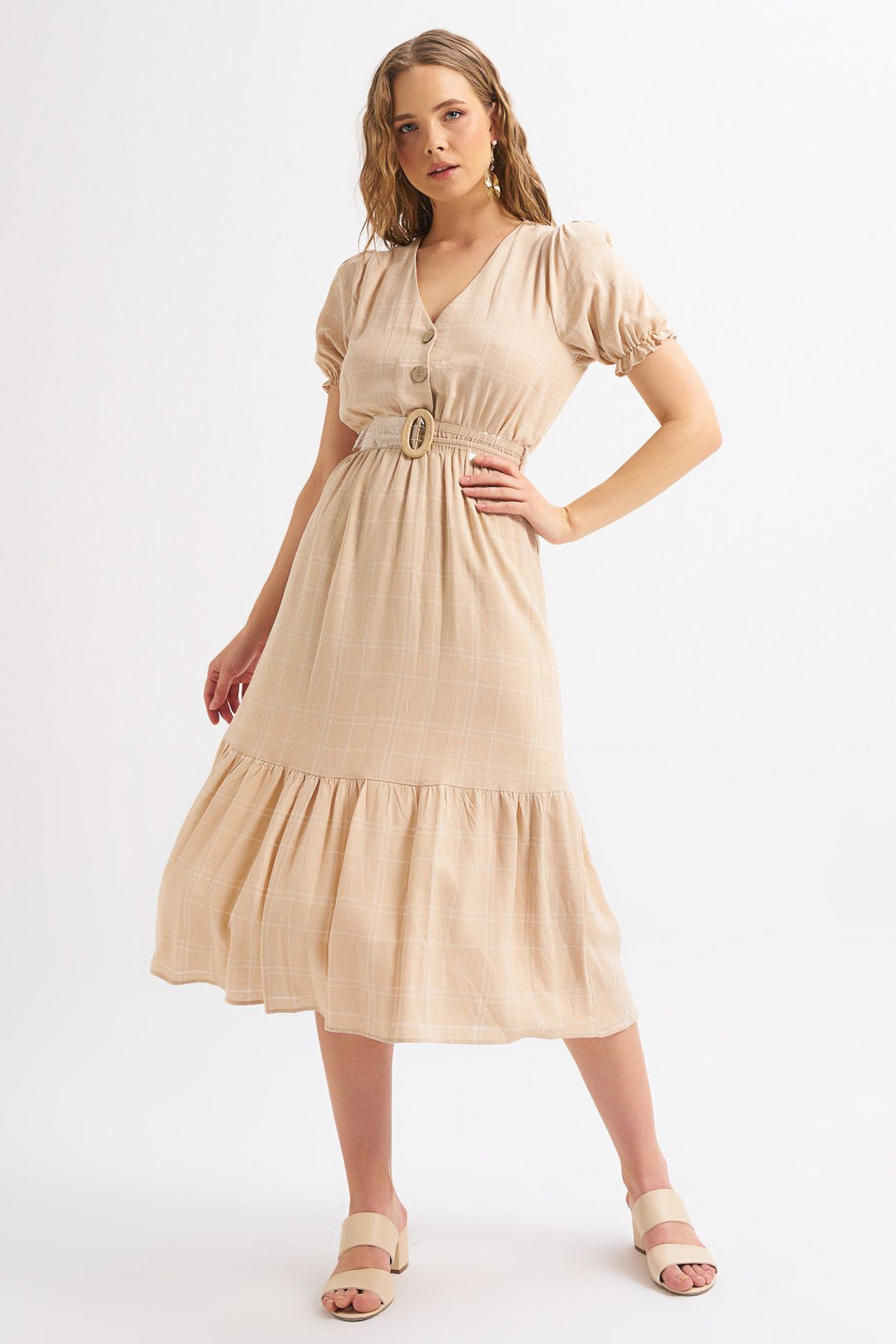 Balloon Sleeve Belt Linen Dress Beige