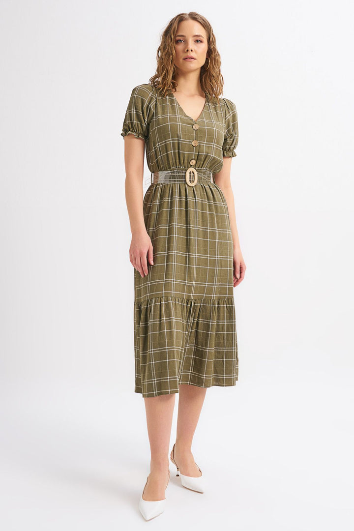 Balon Kol Kemerli Keten Elbise Haki