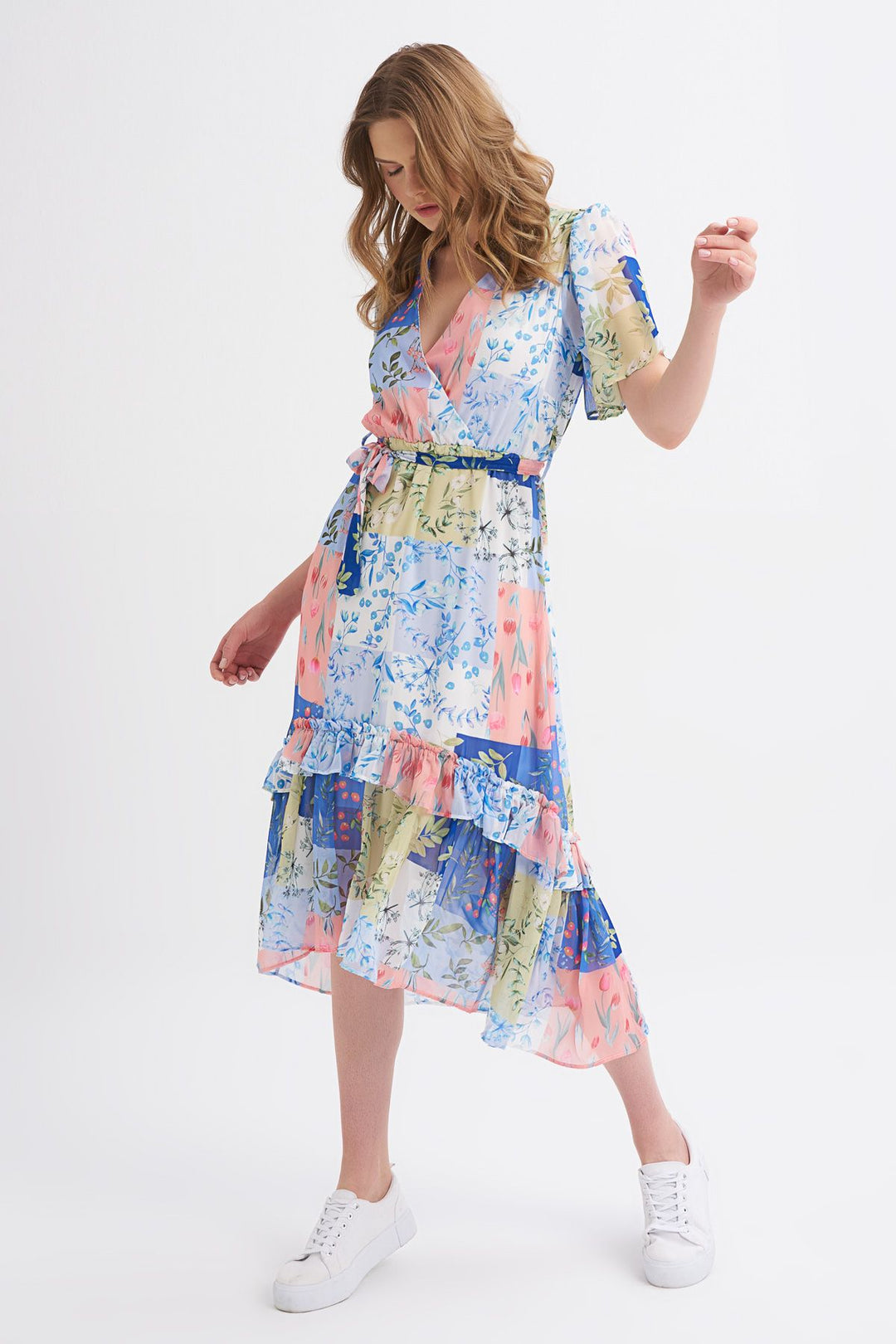 Patterned V-Neck Frilly Dress Indigo