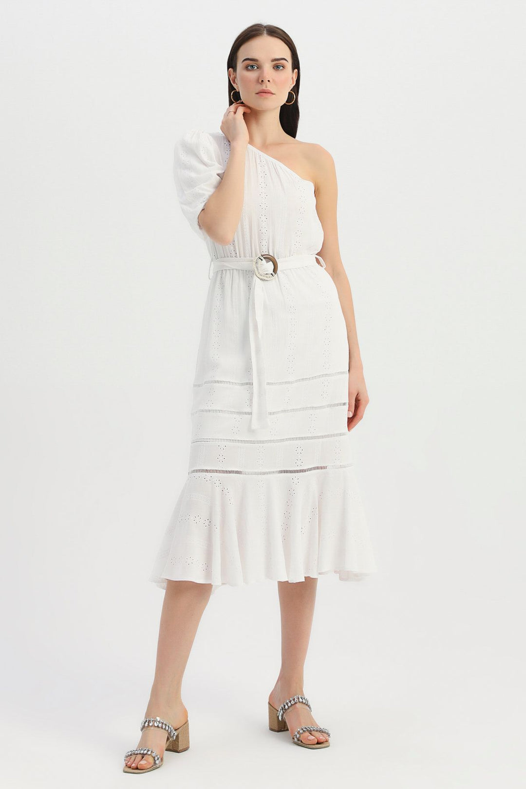 One Shoulder Belt Guipure Dress Ecru