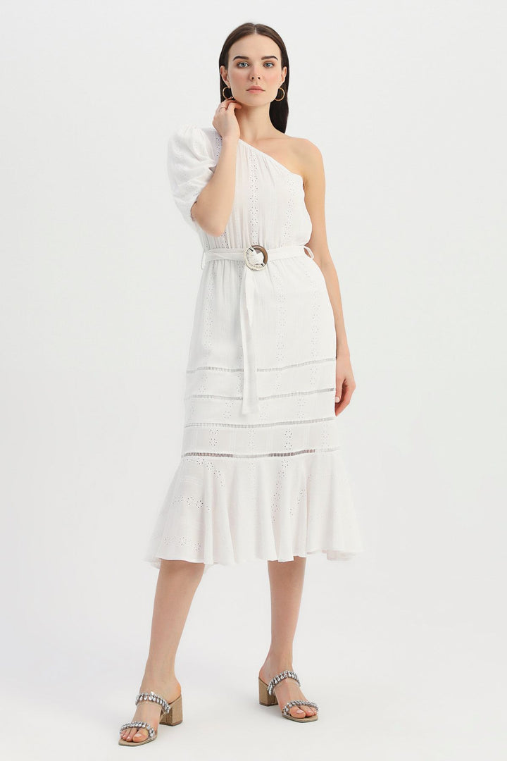 One Shoulder Belt Guipure Dress Ecru