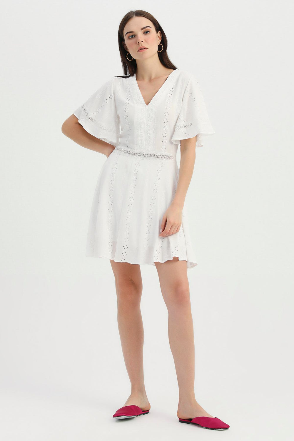 V Neck Guipure Dress Ecru