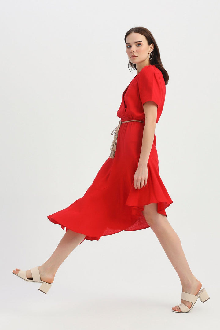 Straw Belt Double Breasted Linen Dress Red