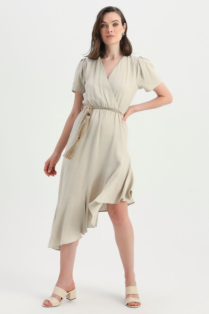 Straw Belt Double Breasted Linen Dress Natural