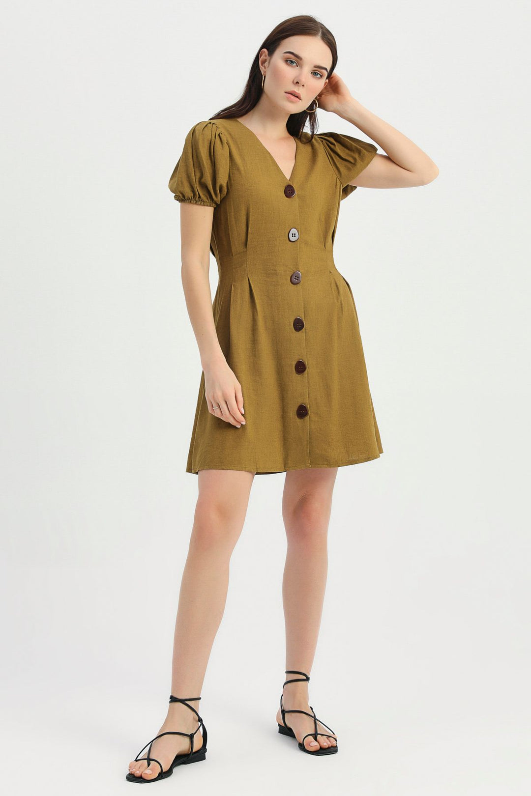 V Neck Balloon Sleeve Linen Dress Dark Khaki