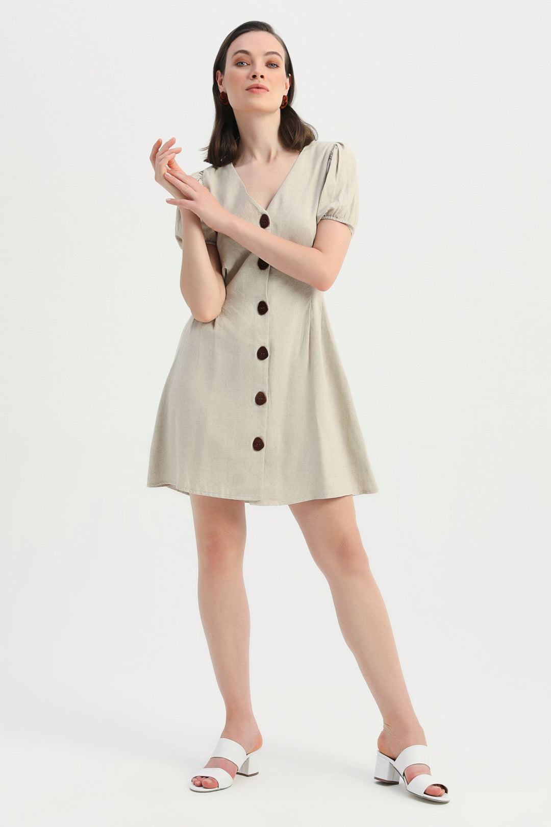 V Neck Balloon Sleeve Linen Dress Natural