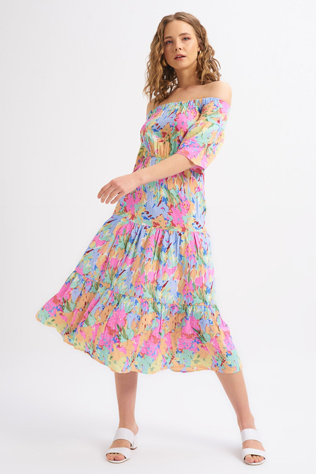 Desenli Düşük Omuz Elbise Açık Mavi