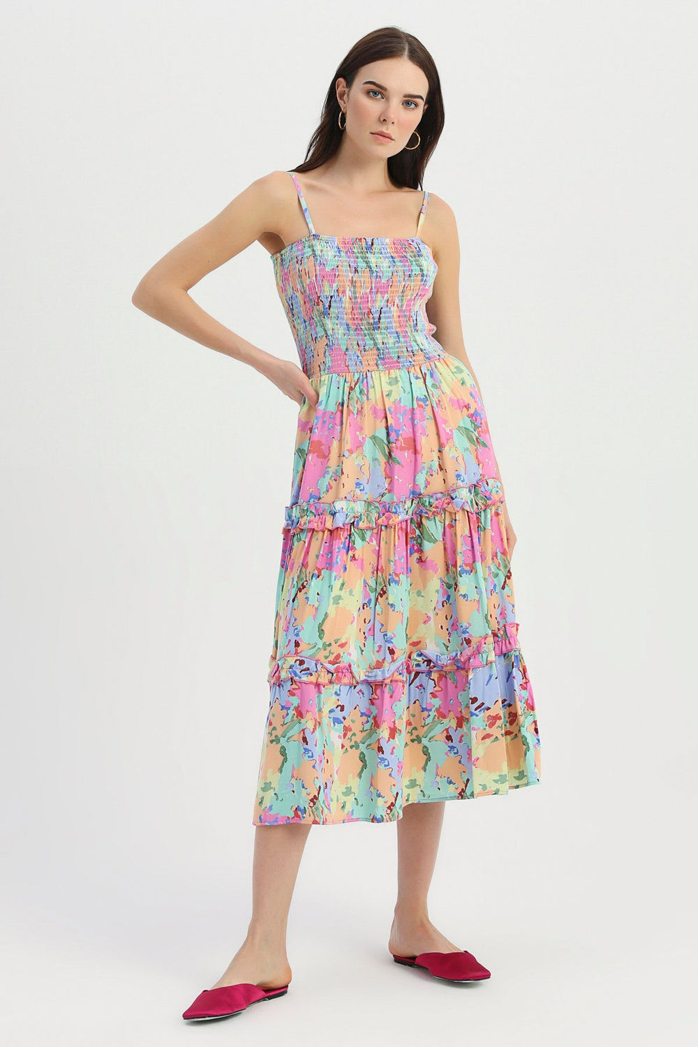 Patterned Ruffle Detailed Strap Dress Light Blue