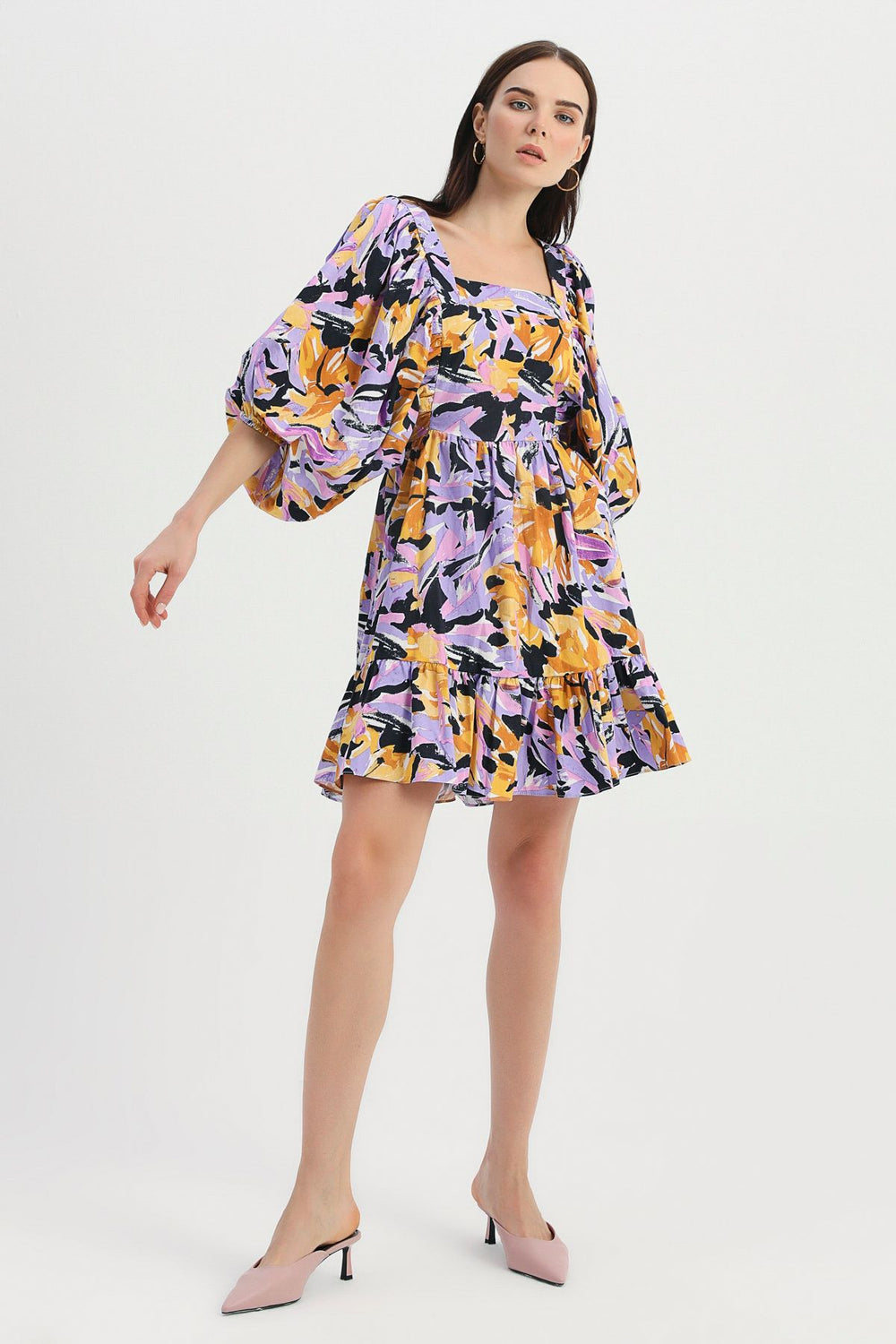 Patterned Backless Balloon Sleeve Dress Purple