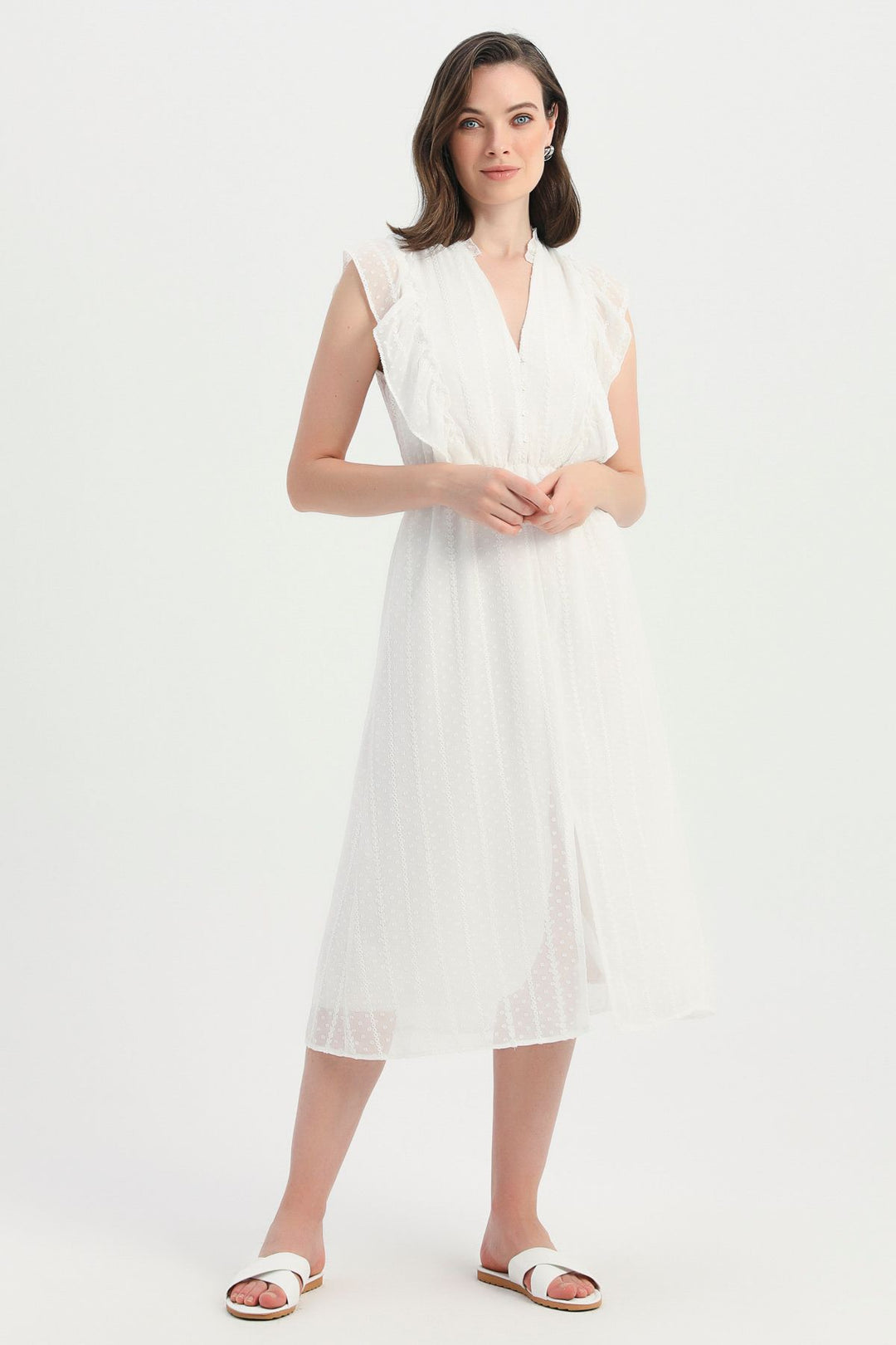 V-Neck Ruffle Lace Dress Ecru