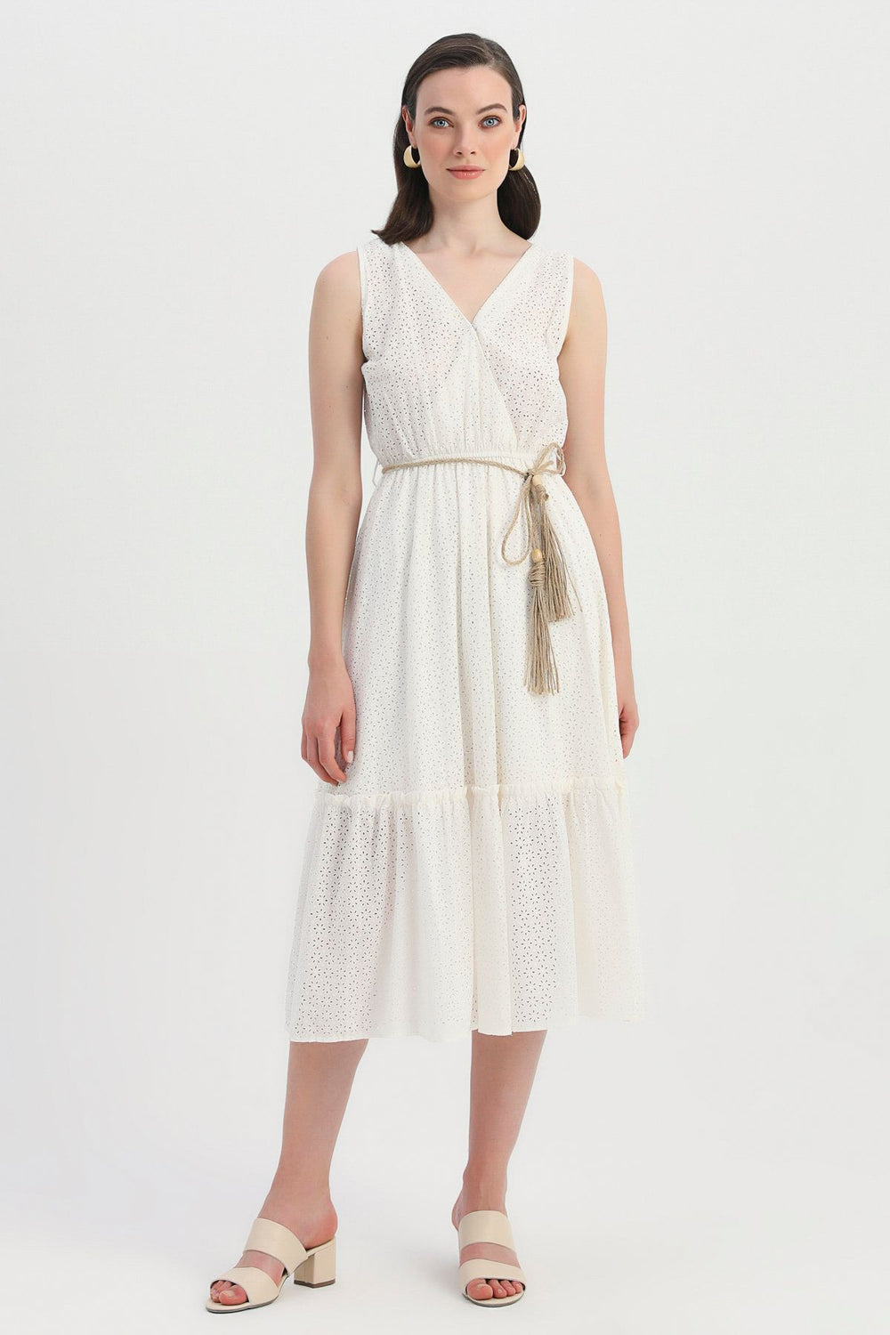 Straw Rope Belt Guipure Double Breasted Dress Ecru