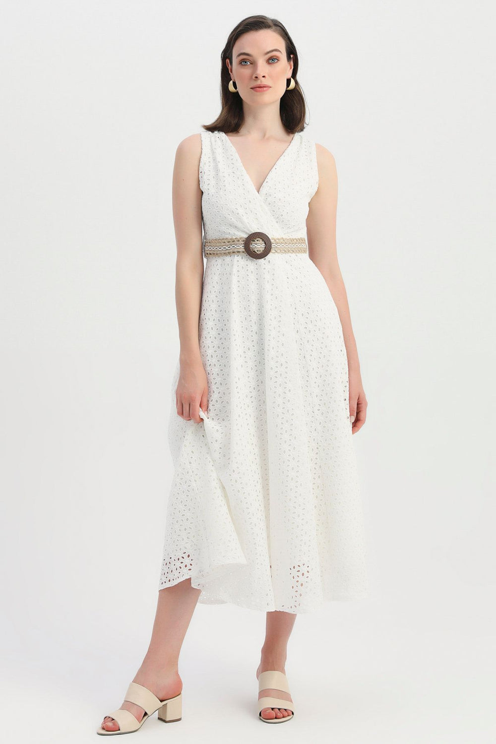 Belted Double Breasted Guipure Dress Ecru