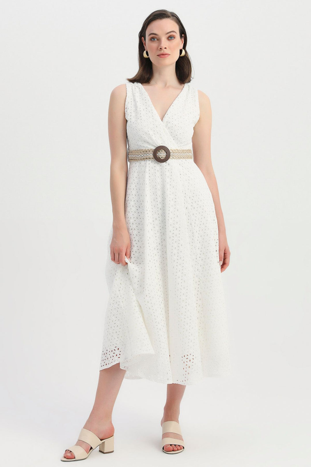 Belted Double Breasted Guipure Dress Ecru