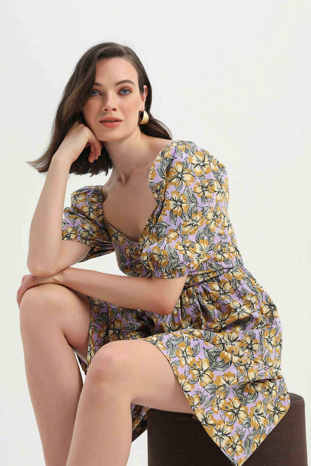 Flower Patterned Balloon Sleeve Dress Lilac