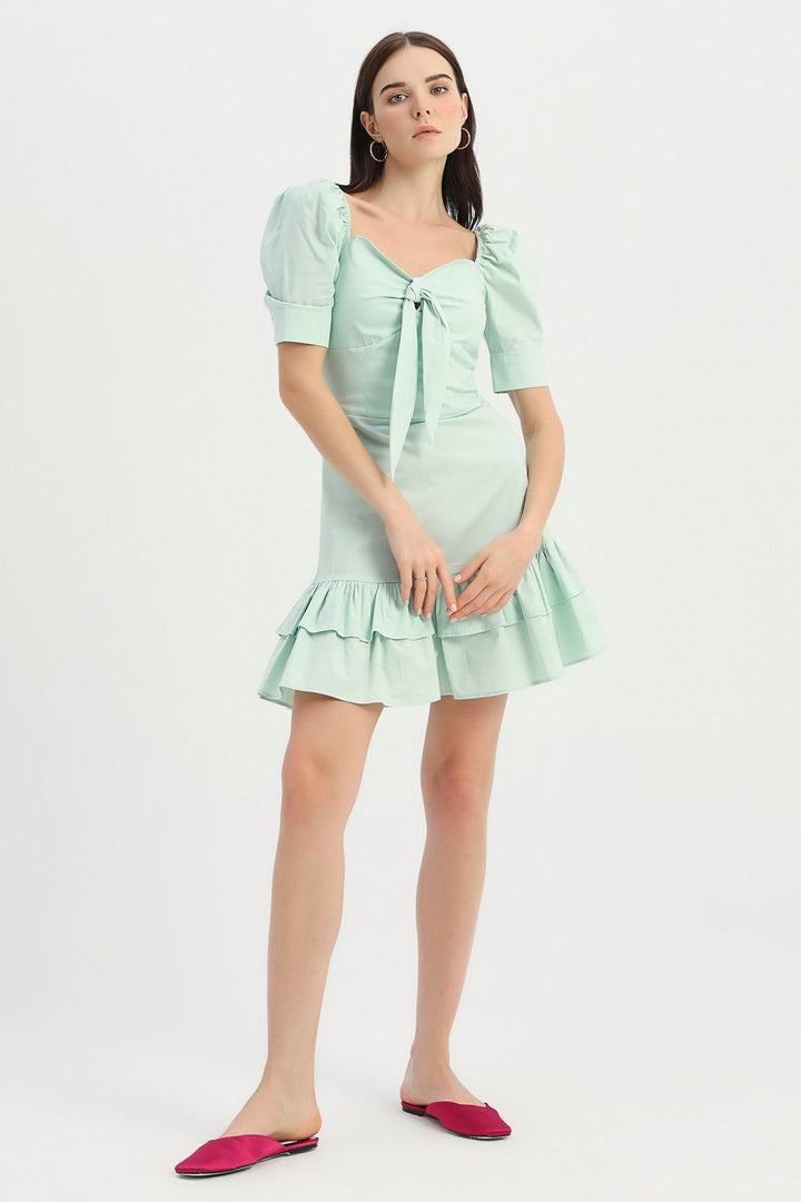 Tie Detailed Balloon Sleeve Dress Mint