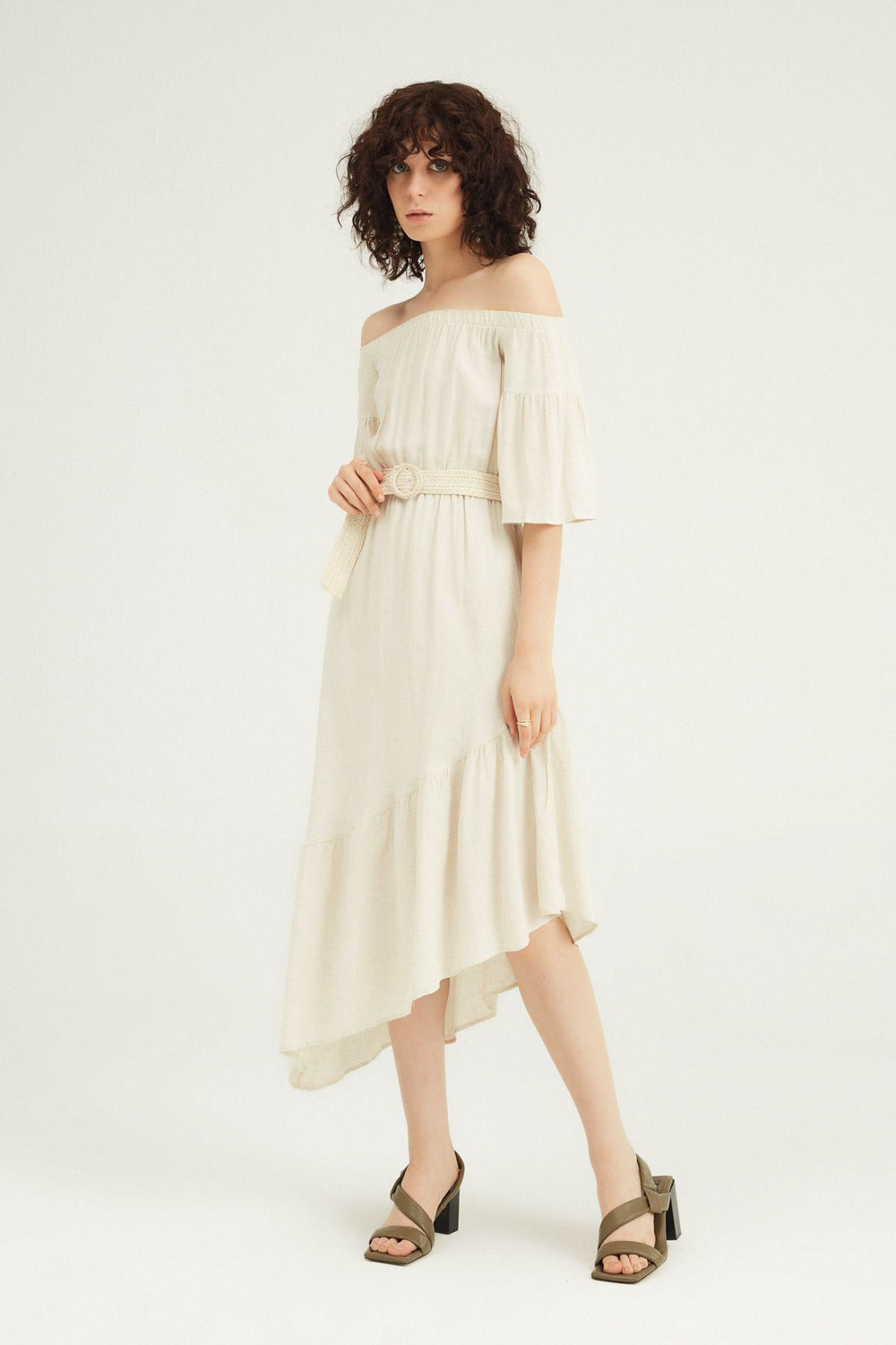 Off Shoulder Asymmetrical Linen Dress Natural